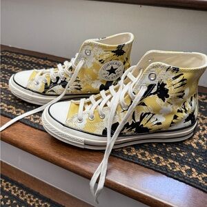 Converse Yellow and Black High-Top Sneakers with Floral Design NWOT